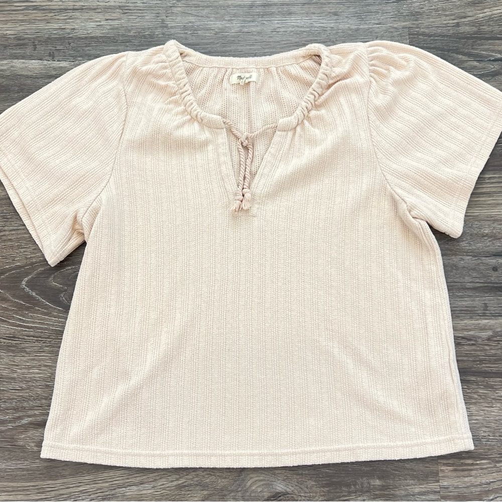 Madewell Women's Pointelle Tie Neck Tunic Cream Short Sleeve‎ Top Size Medium